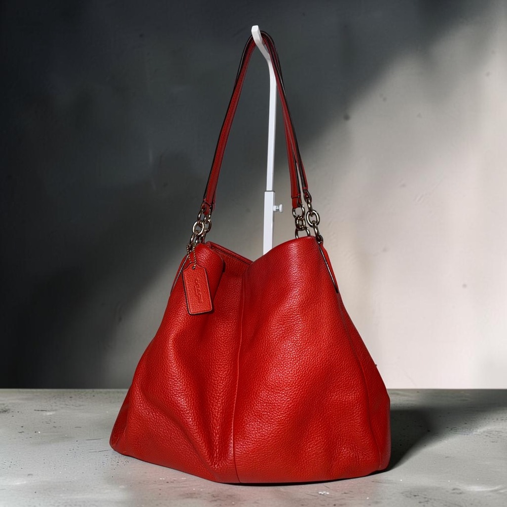 Coach Phoebe Pebble Leather Shoulder Bag Red Chain Gold Hardware Tote Purse
